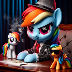 Size: 1024x1024 | Tagged: safe, imported from derpibooru, rainbow dash, ai content, ai generated, chair, clothes, cocaine, desk, drugs, funko, g4, generator:bing image creator, hat, money, prompter:*rainbow dash*, scarface, scene interpretation, smoke, suit, toy