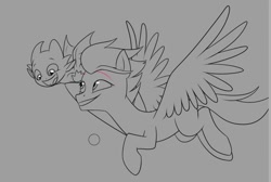 Size: 843x565 | Tagged: safe, artist:danny obscure, imported from derpibooru, zipp storm, dragon, pegasus, pony, flying, g5, learning, open mouth, smiling, sparky sparkeroni, wip