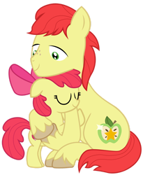 Size: 1280x1560 | Tagged: safe, artist:roman-santos, imported from derpibooru, apple bloom, bright mac, earth pony, pony, apple bloom's bow, bow, cute, daaaaaaaaaaaw, duo, eyes closed, father and child, father and daughter, female, filly, foal, hair bow, hug, male, stallion