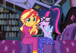 Size: 2000x1400 | Tagged: safe, alternate version, artist:lightning_musicwave_safe, imported from derpibooru, sci-twi, sunset shimmer, twilight sparkle, equestria girls, clothes, cute, female, glasses, heart hands, implied lesbian, implied scitwishimmer, implied shipping, pajamas