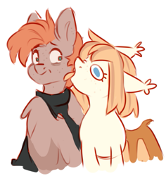 Size: 623x659 | Tagged: safe, artist:cheekipone, oc, oc only, oc:honey milk, oc:jarvis yarbrough, bat pony, pegasus, pony, bat pony oc, bat wings, clothes, concern, duo, ear tufts, female, jacket, licking, male, mare, pegasus oc, retarded, simple background, sketch, tongue out, unshorn fetlocks, wings