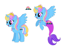 Size: 840x621 | Tagged: safe, artist:selenaede, artist:user15432, imported from derpibooru, oc, oc:rainbow seaheart, alicorn, mermaid, merpony, pony, base used, crown, cutie mark, fins, jewelry, mermaid tail, mermaidized, merpony oc, multicolored hair, necklace, open mouth, open smile, rainbow hair, rainbow tail, regalia, seashell necklace, simple background, species swap, transparent background