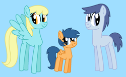 Size: 1228x750 | Tagged: safe, artist:katiesworldofponies36, first base, klein, sassaflash, earth pony, pegasus, pony, series:my little filly: friendship is magic, adorabase, adult blank flank, background pony, blank flank, blue background, cute, cyan background, daughter, diakleines, family, father, father and child, father and daughter, female, filly, foal, g4, headcanon, male, mare, mother, mother and child, mother and daughter, mother and father, ms paint, pegasus first base, race swap, sassabetes, simple background, smiling, stallion