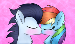 Size: 763x451 | Tagged: safe, artist:northlights8, imported from ponybooru, rainbow dash, soarin', pegasus, pony, female, kiss on the lips, kissing, male, mare, shipping, soarindash, stallion, straight