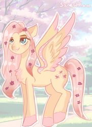 Size: 3736x5174 | Tagged: safe, artist:sanechkaa, imported from derpibooru, fluttershy, pegasus, pony, alternate hairstyle, alternative cutie mark placement, blushing, cute, female, flower, flower in hair, g4, grin, mare, markings, redesign, shyabetes, smiling, solo, unshorn fetlocks