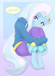 Size: 2894x4020 | Tagged: safe, artist:batipin, imported from derpibooru, trixie, human, equestria girls, clothes, cute, dialogue, diatrixes, feet, female, fetal position, g4, hairclip, jacket, looking at you, missing shoes, smiling, smiling at you, solo, talking to viewer