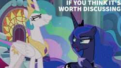 Size: 1920x1080 | Tagged: safe, edit, edited screencap, editor:quoterific, imported from derpibooru, screencap, princess celestia, princess luna, alicorn, pony, sparkle's seven, g4