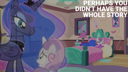 Size: 1920x1080 | Tagged: safe, edit, edited screencap, editor:quoterific, imported from derpibooru, screencap, princess luna, sweetie belle, alicorn, pony, unicorn, for whom the sweetie belle toils, 5-year-old sweetie belle, bed, g4, puddle