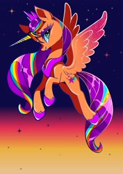 Size: 1448x2048 | Tagged: safe, artist:stacy_165cut, imported from derpibooru, sunny starscout, alicorn, pony, colored wings, concave belly, crown, female, flying, g5, gradient background, gradient wings, hoof shoes, horn, jewelry, long horn, long mane, long tail, mane stripe sunny, mare, peytral, princess sunny starscout, race swap, regalia, slender, smiling, solo, sparkly wings, spread wings, sunnycorn, tail, thin, wings