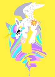 Size: 1448x2048 | Tagged: source needed, safe, artist:stacy_165cut, imported from derpibooru, princess celestia, alicorn, pony, abstract art, female, g4, mare, melting, modern art, simple background, solo, underhoof, yellow background