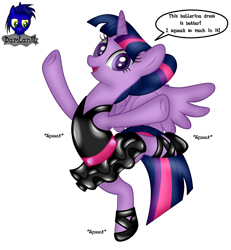 Size: 3840x4154 | Tagged: safe, artist:damlanil, imported from derpibooru, twilight sparkle, alicorn, pony, alternate hairstyle, ballerina, ballet slippers, belly button, bipedal, clothes, comic, costume, cute, dancing, female, frog (hoof), g4, horn, latex, latex suit, looking at you, mare, onomatopoeia, raised hoof, rubber, shiny, show accurate, simple background, smiling, solo, speech bubble, spread wings, standing, standing on one leg, stretching, suit, text, transparent background, tutu, twiabetes, twilarina, twilight sparkle (alicorn), underhoof, vector, wings