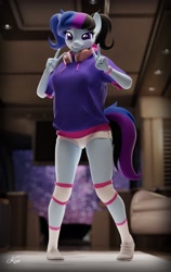 Size: 2400x3800 | Tagged: safe, artist:kenaga, imported from derpibooru, oc, oc:maple cake, anthro, earth pony, 3d, blurry background, clothes, cute, earth pony oc, female, headphones, indoors, looking at you, not sfm, peace sign, pigtails, shoes, shorts, smiling, smiling at you, socks, solo, twintails