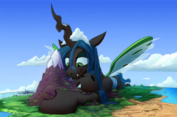 Size: 2000x1320 | Tagged: safe, artist:tsitra360, imported from derpibooru, queen chrysalis, changeling, changeling queen, canterlot, cloudsdale, commission, fanfic art, female, g4, macro, solo