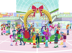 Size: 1000x738 | Tagged: safe, edit, edited screencap, editor:incredibubbleirishguy, imported from derpibooru, screencap, applejack, fluttershy, pinkie pie, princess celestia, princess luna, rainbow dash, rarity, sci-twi, sunset shimmer, twilight sparkle, watermelody, human, equestria girls, equestria girls series, holidays unwrapped, spoiler:eqg series (season 2), bell, bow, canterlot mall, children, christmas, christmas decoration, christmas lights, christmas presents, decoration, escalator, female, fountain, garland, holiday, humane five, humane seven, humane six, kids, lily pad (g4), male, mall, plushie, present, principal celestia, snowman, teddy bear, teenager, toys for kids festival, vice principal luna, winter break-in