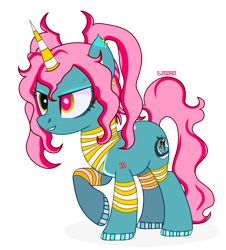 Size: 1377x1526 | Tagged: safe, artist:limzi, imported from derpibooru, oc, oc only, oc:nightring, alien, alien pony, pony, unicorn, derpibooru community collaboration, 2024 community collab, commission, ear piercing, earring, eyeshadow, female, grin, heterochromia, jewelry, lipstick, makeup, mare, markings, piercing, raised hoof, simple background, smiling, solo, tattoo, transparent background, unshorn fetlocks