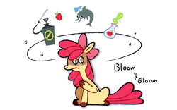 Size: 1280x800 | Tagged: safe, artist:goatpaste, imported from derpibooru, apple bloom, dolphin, earth pony, pony, bloom and gloom, season 5, apple, apple bloom's bow, bow, circle, cutie mark, female, filly, foal, food, frown, g4, hair bow, potion, simple background, solo, thought bubble, white background, worried