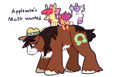 Size: 1280x800 | Tagged: safe, artist:goatpaste, imported from derpibooru, apple bloom, scootaloo, sweetie belle, trouble shoes, clydesdale, earth pony, pegasus, pony, unicorn, appleoosa's most wanted, season 5, cowboy hat, cutie mark crusaders, female, filly, foal, g4, group, hat, male, pale belly, ponies riding ponies, quartet, riding, simple background, smiling, stallion, unshorn fetlocks, white background