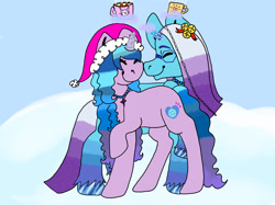 Size: 2732x2048 | Tagged: safe, artist:creativa-artly01, imported from derpibooru, izzy moonbow, pony, unicorn, auroricorn, chocolate, christmas, comet (g5), female, food, g5, hat, holiday, hot chocolate, male, ship:combow, shipping, snow, stallion, straight, winter hat