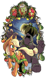 Size: 1389x2310 | Tagged: safe, artist:not-ordinary-pony, idw, imported from derpibooru, apple bloom, applejack, big macintosh, granny smith, sass squash, earth pony, pony, my little pony micro-series, apple, apple family, bust, clothes, cowboy hat, female, filly, foal, food, hat, looking back, male, mare, moon, portrait, scarf, simple background, stallion, transparent background