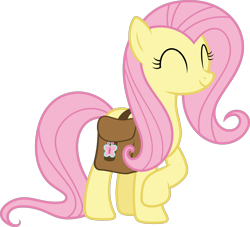 Size: 7672x6975 | Tagged: safe, artist:starryshineviolet, imported from derpibooru, fluttershy, pegasus, pony, daring doubt, ^^, absurd resolution, bag, cute, eyes closed, female, folded wings, g4, mare, raised hoof, saddle bag, shyabetes, simple background, smiling, solo, transparent background, vector, wings