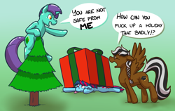 Size: 1500x950 | Tagged: safe, artist:rawr, imported from derpibooru, oc, oc only, oc:circuit board, oc:fallfeathers, oc:sky ribbon, balloon pony, inflatable pony, pegasus, pony, unicorn, christmas, christmas tree, climbing, crushed, dialogue, holiday, inflatable, lying down, present, prone, tree, vulgar, yelling