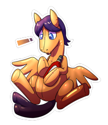 Size: 1900x2200 | Tagged: safe, artist:rawr, imported from derpibooru, oc, oc only, oc:ketchup sauce, inflatable pony, pegasus, bottle, exclamation point, food, high res, inflatable, ketchup, sauce, simple background, sitting, solo, surprised, transformation, transparent background