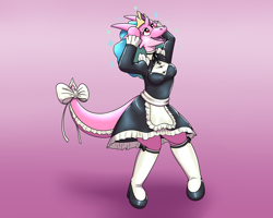 Size: 2500x2000 | Tagged: safe, artist:rawr, imported from derpibooru, princess celestia, oc, dragon, clothes, crown, female, furry, furry to pony, high res, inanimate tf, inflatable, jewelry, maid, regalia, transformation, transformation sequence