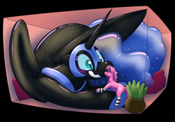 Size: 5000x3500 | Tagged: safe, artist:rawr, imported from derpibooru, nightmare moon, oc, alicorn, inflatable pony, latex pony, original species, unicorn, absurd resolution, blushing, clothes, female, grin, human to pony, inflatable, inflation, latex, leg warmers, macro, mare, nuzzling, room, smiling, striped leg warmers, transformation, transgender transformation