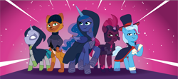 Size: 4092x1833 | Tagged: safe, artist:prixy05, idw, imported from derpibooru, capper dapperpaws, princess luna, stygian, tempest shadow, trixie, abyssinian, alicorn, cat, pony, unicorn, nightmare knights, spoiler:comic, disguise, female, g4, g4 to g5, g5, generation leap, maelstrom shade, male, mare, my little pony: tell your tale, pink background, simple background, stallion, starry night terror, the alley cat, the dark horse, the great and powerful roxy