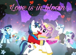 Size: 992x720 | Tagged: safe, imported from ponybooru, fancypants, princess cadance, rainbow dash, rarity, shining armor, soarin', a canterlot wedding, bride, bridesmaid, bridesmaid dash, bridesmaid dress, bridesmaid rarity, clothes, dress, female, groom, love is in bloom, male, marriage, raripants, shiningcadance, shipping, soarindash, straight, tuxedo, wallpaper, wedding