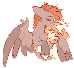 Size: 805x734 | Tagged: safe, artist:cheekipone, oc, oc only, oc:honey milk, oc:jarvis yarbrough, bat pony, pegasus, pony, bat pony oc, bat wings, cuddling, duo, ear tufts, eyes closed, female, hug, male, mare, oc x oc, pegasus oc, shipping, simple background, smiling, unshorn fetlocks, upper body, winghug, wings