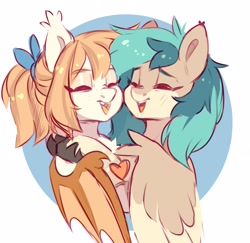 Size: 2292x2232 | Tagged: safe, artist:cheekipone, oc, oc only, oc:honey milk, oc:peacher, bat pony, pegasus, pony, bat pony oc, bat wings, bow, duo, ear tufts, eyes closed, fangs, female, hair bow, heart, hug, mare, open mouth, pegasus oc, smiling, teeth, unshorn fetlocks, wings