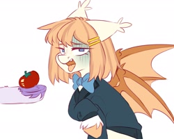 Size: 2482x1990 | Tagged: safe, artist:cheekipone, oc, oc only, oc:honey milk, pony, bowtie, clothes, disgusted, ear tufts, female, food, hairclip, looking at you, mare, offering, offscreen character, sick, simple background, solo focus, spread wings, suit, tomato, tongue out, unshorn fetlocks, wings