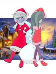 Size: 1470x1960 | Tagged: safe, artist:batipin, edit, imported from derpibooru, limestone pie, marble pie, equestria girls, christmas, clothes, costume, duo, female, holiday, santa costume, siblings, sisters