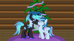 Size: 1920x1080 | Tagged: safe, artist:platinumdrop, imported from derpibooru, oc, oc:blue fire, oc:windy gale, pegasus, unicorn, christmas, christmas tree, commission, female, holiday, kissing, male, mistletoe, shipping, straight, tree