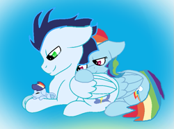 Size: 695x516 | Tagged: safe, artist:hollymau, imported from ponybooru, rainbow dash, soarin', oc, pegasus, pony, baby, baby pony, female, foal, male, mare, offspring, parent:rainbow dash, parent:soarin', parents:soarindash, shipping, soarindash, stallion, straight