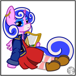 Size: 2000x2000 | Tagged: safe, artist:dice-warwick, imported from derpibooru, oc, oc only, oc:harp melody, original species, fallout equestria, clothes, dress, fallout equestria: desperados, fanfic art, female, harp, horn, jacket, mare, mirage pony, musical instrument, pipbuck, simple background, small horn, small wings, socks, solo, stockings, thigh highs, transparent background, wings