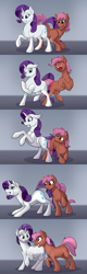 Size: 1600x5000 | Tagged: safe, artist:acesential, edit, imported from twibooru, rarity, oc, oc:maple gleam, earth pony, latex pony, original species, pony, unicorn, clothes, comic, duo, female, floppy ears, grin, happy, image, latex, latex socks, liquid latex, living latex, looking at each other, mare, open mouth, png, raised hoof, rearing, seams, shiny, simple background, smiling, socks, surprised, transformation, transformation sequence