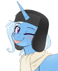 Size: 514x637 | Tagged: safe, artist:higgly-chan, imported from derpibooru, trixie, pony, unicorn, :p, ;p, blushing, breath, bust, clothes, eyebrows, eyebrows visible through hair, female, g4, hat, looking at you, one eye closed, portrait, raspberry, scarf, simple background, smiling, solo, tongue out, ushanka, white background, wink