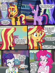 Size: 413x552 | Tagged: safe, artist:ilaria122, imported from ponybooru, pinkie pie, rarity, sunset shimmer, twilight sparkle, alicorn, human, pony, unicorn, comic:a mysterious rival, equestria girls, comic, female, mare, twilight sparkle (alicorn)