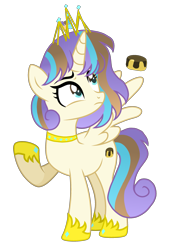 Size: 1873x2689 | Tagged: safe, artist:princess--gracie, imported from derpibooru, oc, oc only, oc:carmel cake, alicorn, pony, adoptable, base used, crown, female, g4, hoof shoes, jewelry, mare, offspring, parent:pound cake, parent:princess flurry heart, parents:poundflurry, princess shoes, raised hoof, regalia, simple background, solo, transparent background, turned head