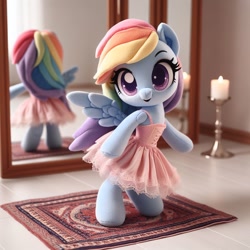 Size: 1024x1024 | Tagged: safe, imported from derpibooru, rainbow dash, anthro, pegasus, pony, unguligrade anthro, ai content, ai generated, candle, carpet, clothes, dress, female, g4, generator:dall-e 3, mare, mirror, plushie, prompter:morishy1000, rainbow dash always dresses in style, reflection