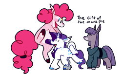 Size: 1280x800 | Tagged: safe, artist:goatpaste, imported from derpibooru, maud pie, pinkie pie, rarity, earth pony, pony, unicorn, season 6, the gift of the maud pie, alternate design, clothes, coat markings, colored hooves, female, g4, happy, jumping, leonine tail, looking at each other, looking at someone, mare, open mouth, open smile, pale belly, pie sisters, shirt, siblings, simple background, sisters, smiling, socks (coat markings), standing on two hooves, tail, trio, trio female, unshorn fetlocks, white background