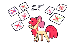 Size: 1280x800 | Tagged: safe, artist:goatpaste, imported from derpibooru, apple bloom, earth pony, pony, on your marks, season 6, apple bloom's bow, balloon, bow, candy, cloud, colored hooves, crossed out, female, filly, foal, food, g4, hair bow, looking at something, music notes, paper, sad, simple background, solo, thread, unshorn fetlocks, white background, x