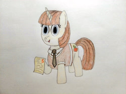 Size: 4032x3016 | Tagged: safe, artist:jakusi, apple polish, pony, unicorn, background pony, clothes, female, hoof hold, looking at you, mare, necktie, paper, shirt, solo, sweater, teacher, traditional art, vest