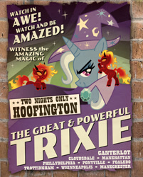 Size: 600x746 | Tagged: safe, artist:shuffle001, imported from ponybooru, trixie, demon, demon pony, original species, pony, unicorn, boast busters, brick wall, cape, classic art, clothes, female, g4, hat, looking at you, mare, poster, trio, trixie's brooch, trixie's cape, trixie's hat
