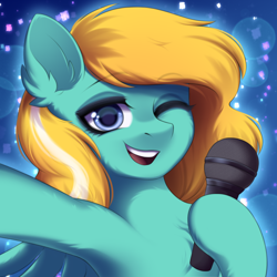 Size: 1500x1500 | Tagged: safe, artist:alunedoodle, imported from derpibooru, oc, pegasus, pony, bust, confetti, female, looking at you, microphone, one eye closed, portrait, singing, smiling, smiling at you, solo, two toned mane, wink, winking at you