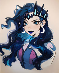 Size: 800x991 | Tagged: safe, artist:chloe dawn, imported from derpibooru, princess luna, human, blue lipstick, bust, crown, ear piercing, earring, g4, humanized, jewelry, lipstick, piercing, portrait, regalia, solo