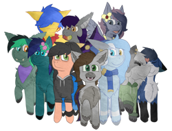 Size: 2000x1526 | Tagged: safe, artist:lil_vampirecj, imported from derpibooru, oc, oc only, oc:aella, oc:cj vampire, oc:crystal grey, oc:eira, oc:fox cerulean, oc:fritz, oc:lemon puff, oc:starchaser, oc:sunsqual, oc:target strike, bat pony, earth pony, pegasus, pony, derpibooru community collaboration, 2024 community collab, amber eyes, bandana, blue eyes, chest fluff, clothes, collaboration, commission, cyan eyes, digital art, ear fluff, flower, flower in hair, fluffy, gray eyes, green eyes, group, head fluff, heterochromia, hoodie, ponified, scarf, simple background, tail, tail fluff, transparent background, yellow eyes