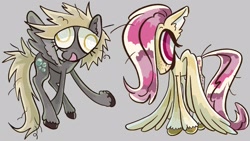 Size: 2880x1620 | Tagged: safe, artist:10bullz, imported from derpibooru, derpy hooves, fluttershy, pegasus, pony, duo, female, g4, gray background, gray coat, hair over one eye, hooves, mare, open mouth, open smile, pink hair, pink tail, red eyes, simple background, smiling, tail, wings, yellow coat, yellow eyes, yellow hair, yellow tail